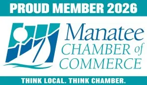 Manatee Chamber of Commerce 2026 Proud Member logo in teal and blue with wave elements and elegant typography, representing a local business association affiliated with the chamber.