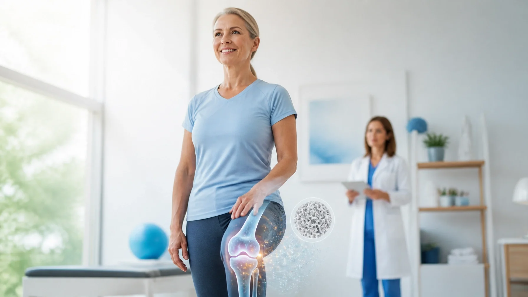 Non-surgical knee pain treatment evaluation with clinician examining a patient's knee