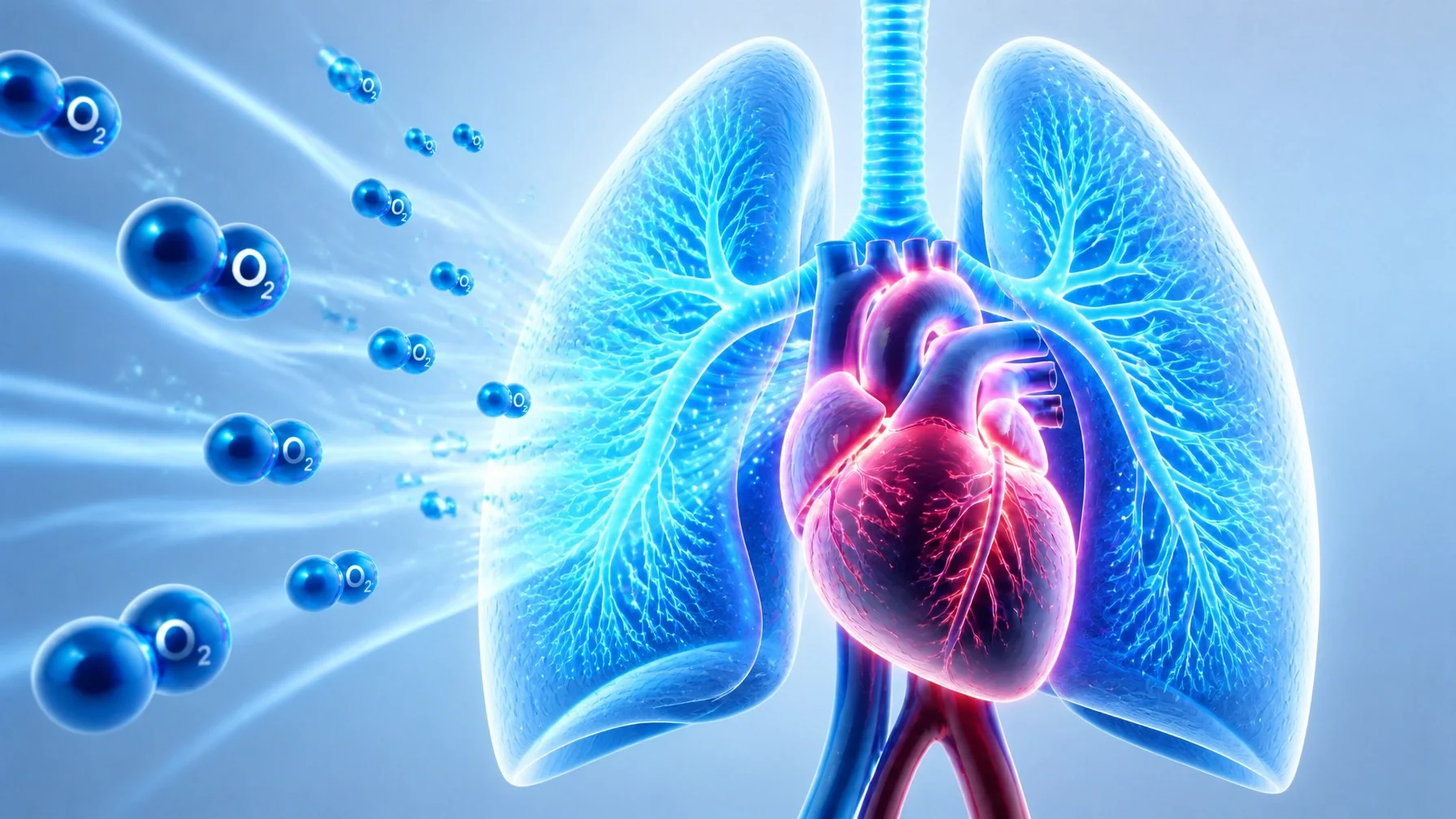 VO2 max — oxygen molecules flooding a glowing human lung and heart schematic