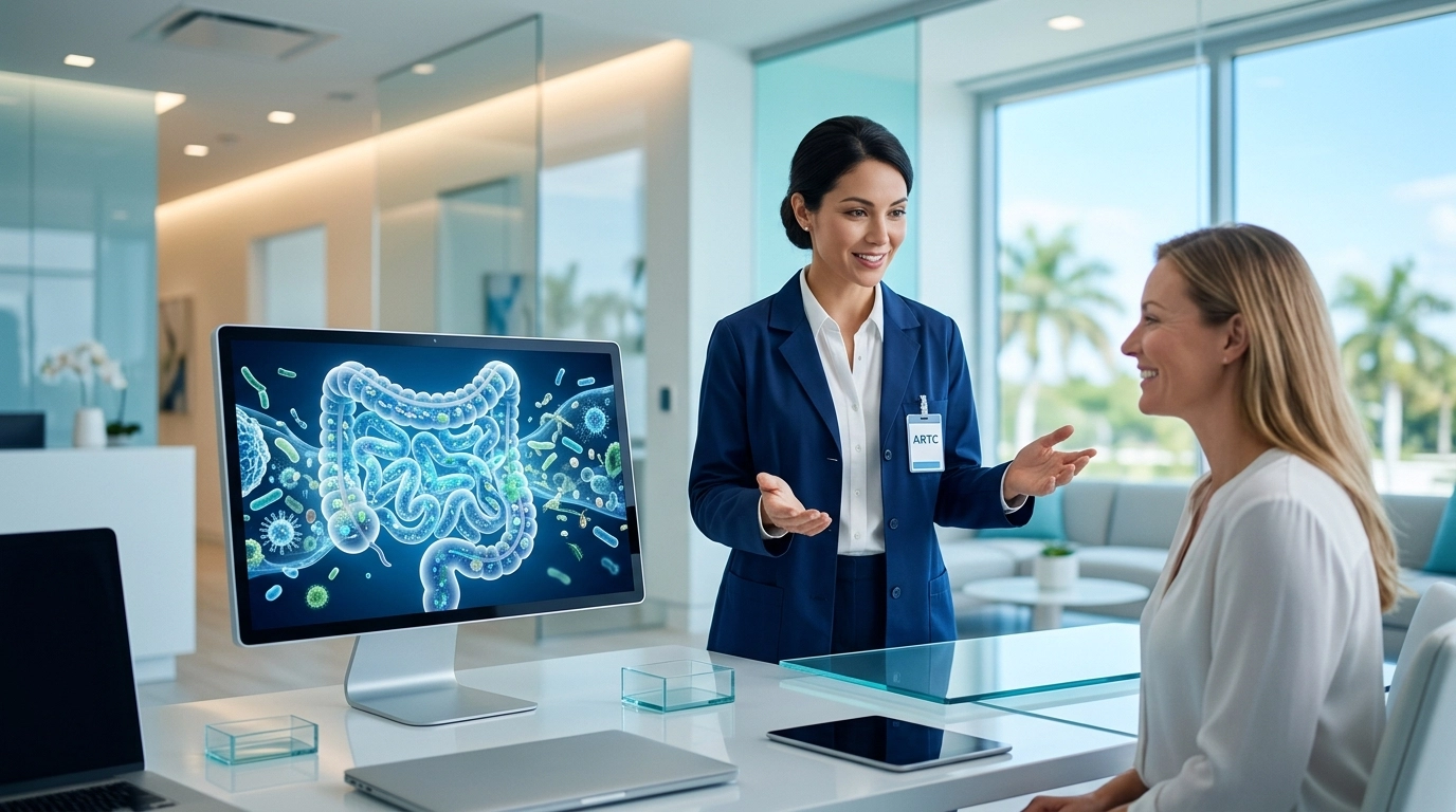 Modern clinic offering gut health support sarasota with 3D microbiome illustration