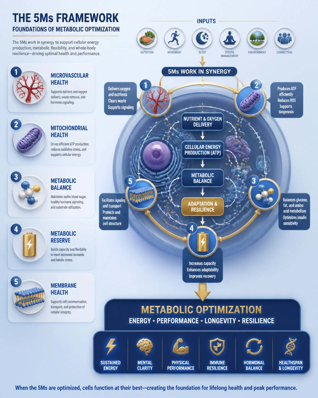 3D infographic mapping the ARTC 5Ms Framework: microvascular, mitochondrial, metabolic balance, metabolic reserve, and membrane health