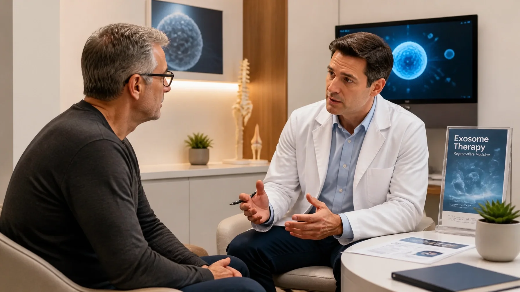 exosome therapy Sarasota — physician counseling a middle-aged patient during a regenerative consultation
