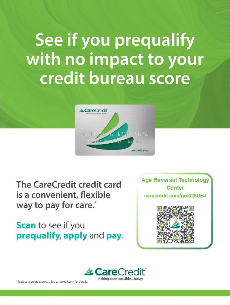 CareCredit card image on a white surface with a vibrant green gradient background and a QR code nearby; includes the CareCredit logo and green curved design.