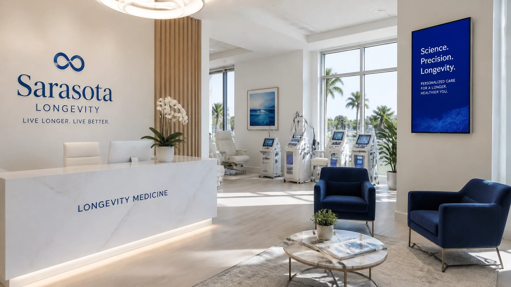 Modern high-end longevity clinic interior offering supervised peptide therapy in Sarasota
