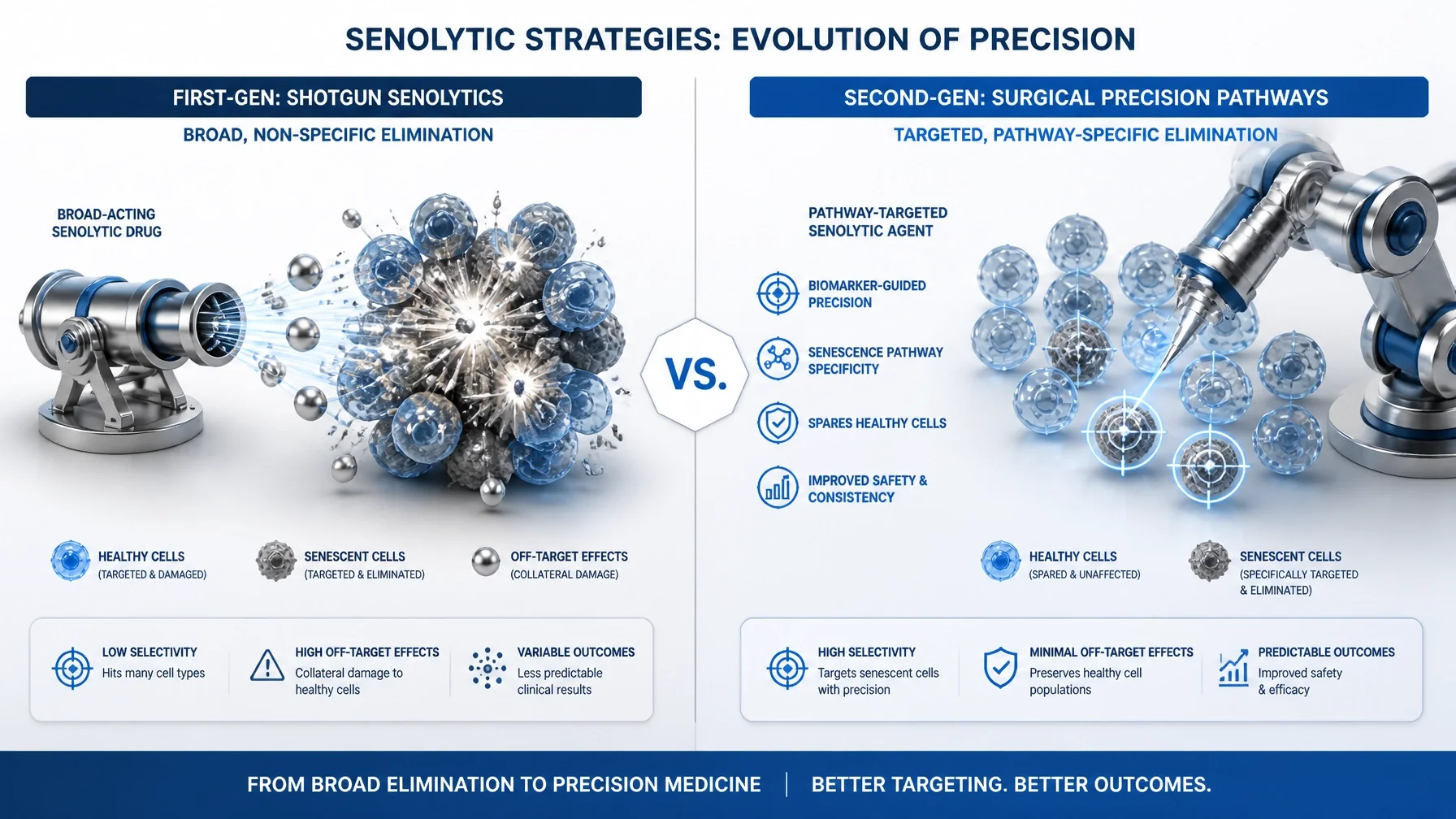 senolytics — first-generation shotgun clearance compared with second-generation surgical precision pathways