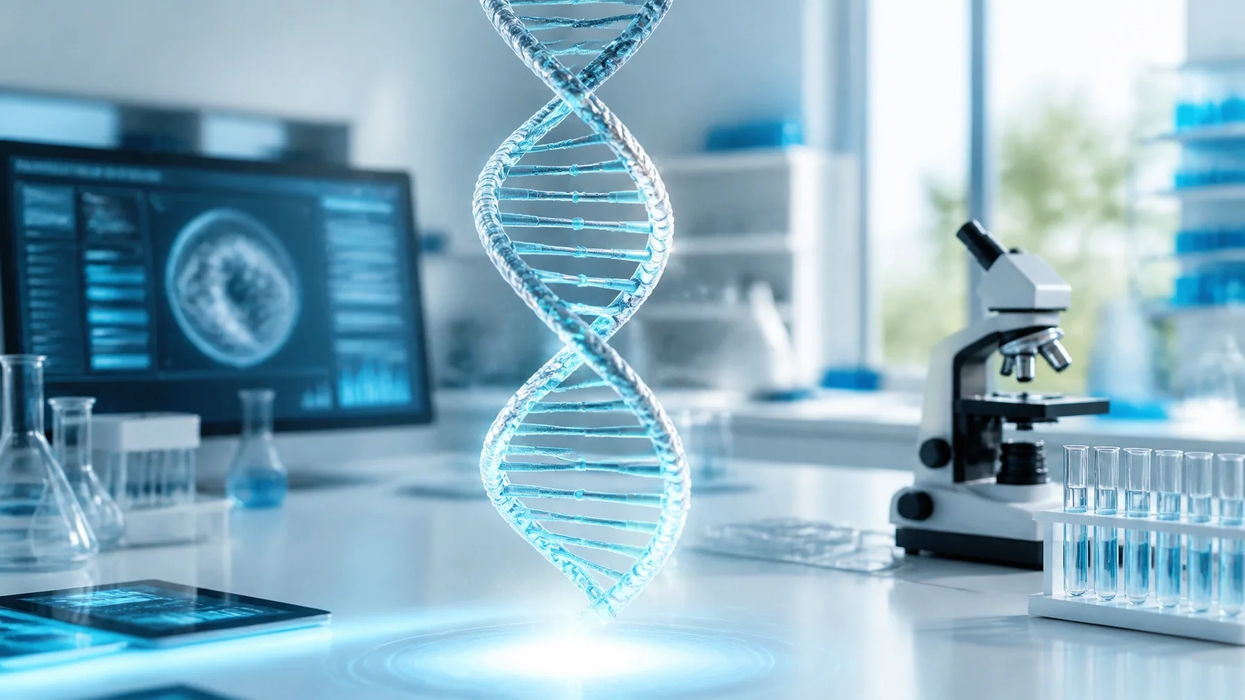 Regenerative medicine laboratory with a glowing 3D DNA helix illustrating the 2026 FDA peptide review
