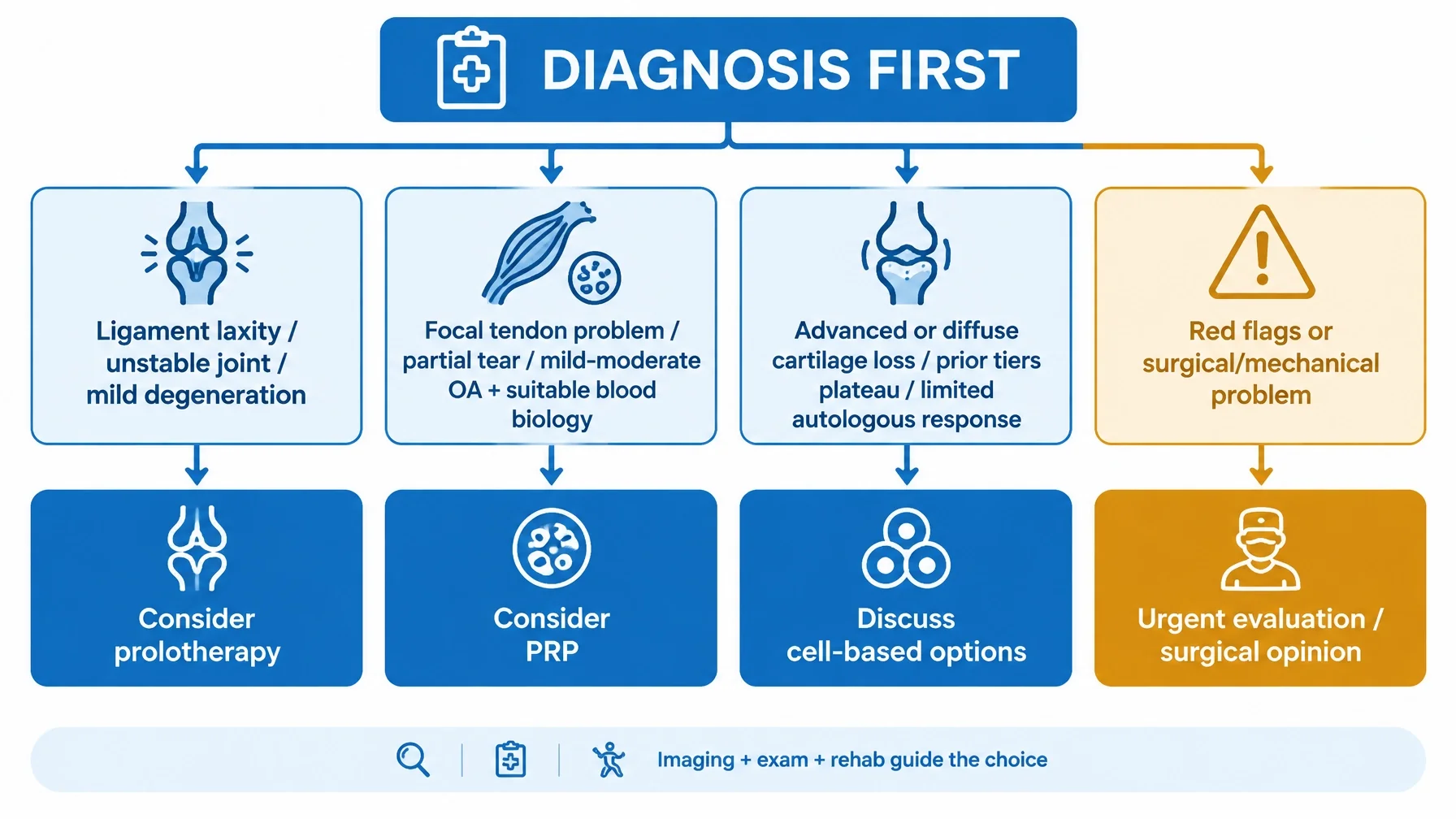 Decision tree matching joint instability, tendon problems, cartilage damage, and red flags to the right regenerative injection tier