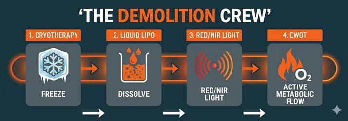Non-surgical body sculpting Sarasota — cryotherapy and liquid lipo demolition process diagram