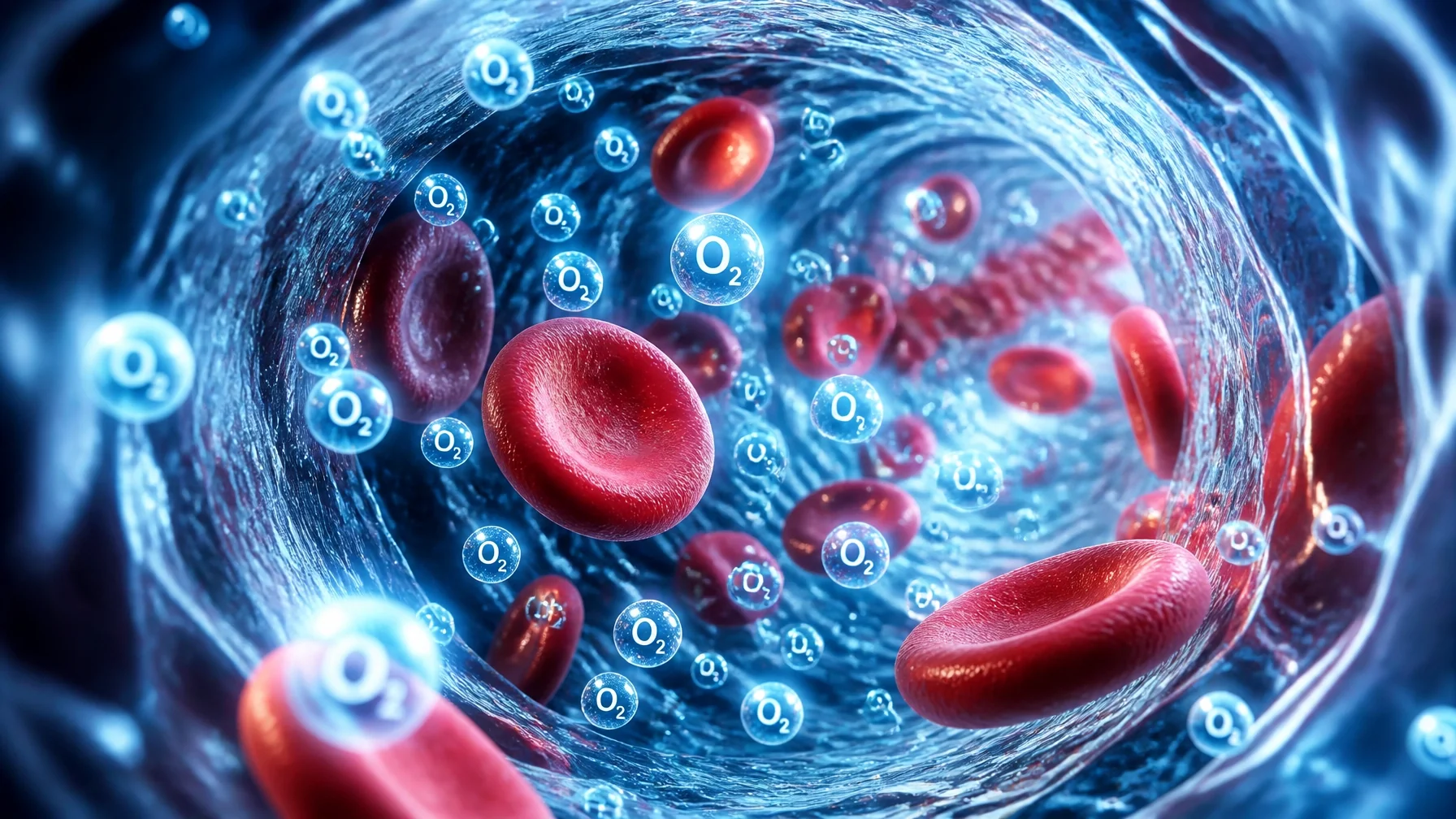 VO2 max — microscopic visualization of hyper-oxygenated blood plasma with oxygen bubbles and red blood cells