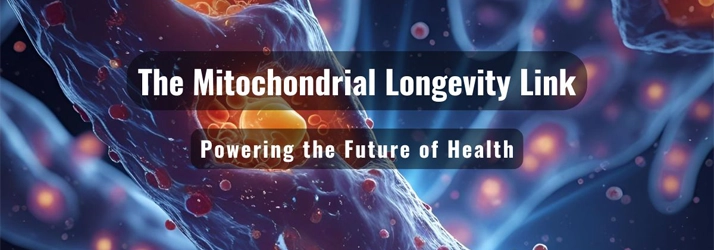 The Mitochondria Longevity Link title over a blue cellular background with orange accents, featuring Sarasota-based Stem-Regen and regenerative medicine themes.