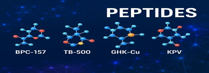 Sarasota peptide stack with BPC-157, TB-500, GHK-Cu and KPV molecules on a blue tech background, linked to Stem-Regen and Methylene Blue research.