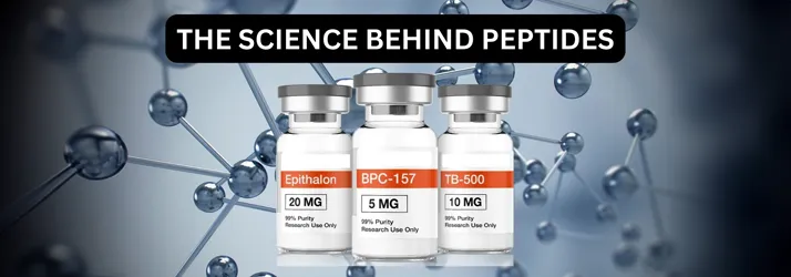 Blue-themed science image featuring peptide vials and a molecular backdrop, associated with Dr. Max MacCloud and The Nutrition Ninja Doc.