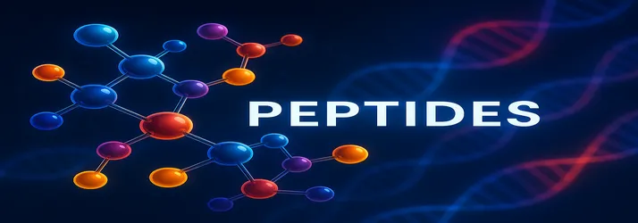 Colorful peptide molecule illustration on a dark blue background with the bold word PEPTIDES, linked to Dr. Max MacCloud and Sarasota regenerative medicine