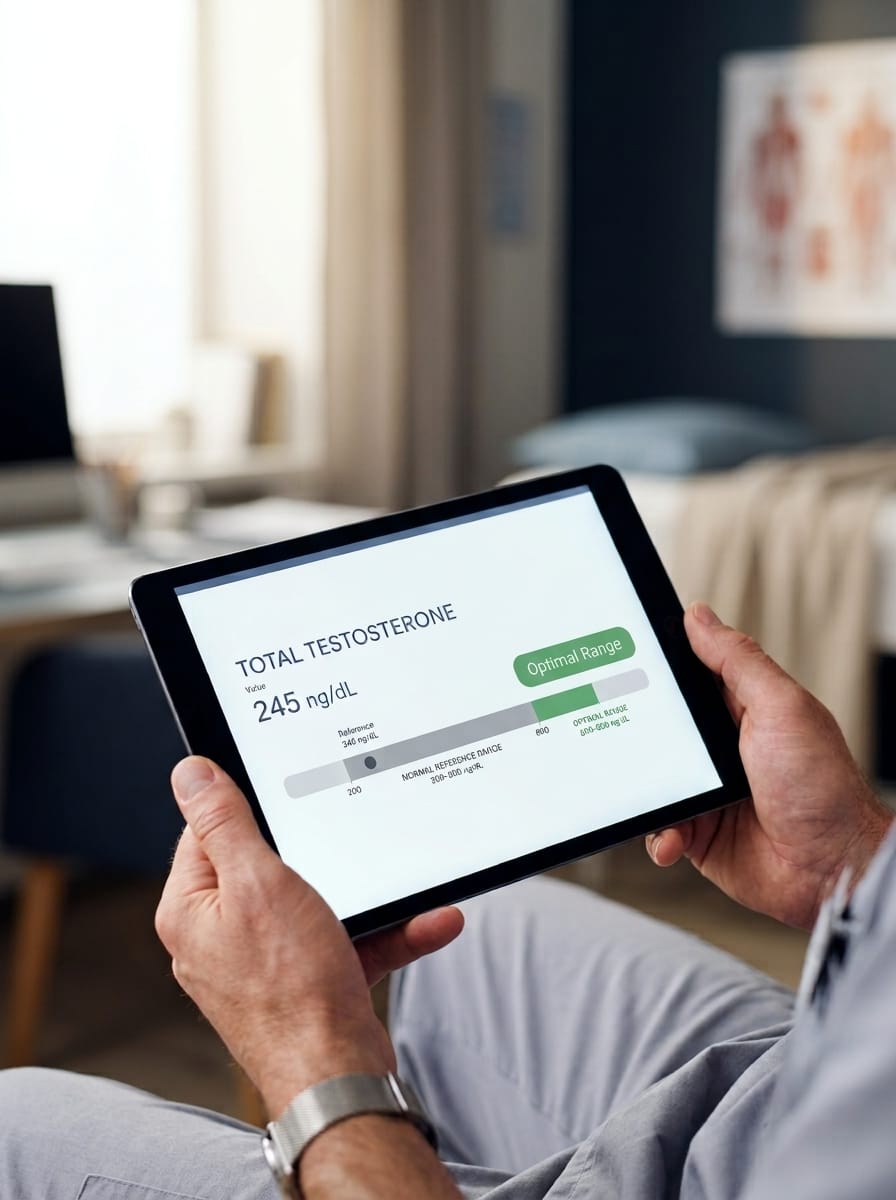 Patient reviewing a total testosterone lab result showing the value against the normal reference range and the optimal range