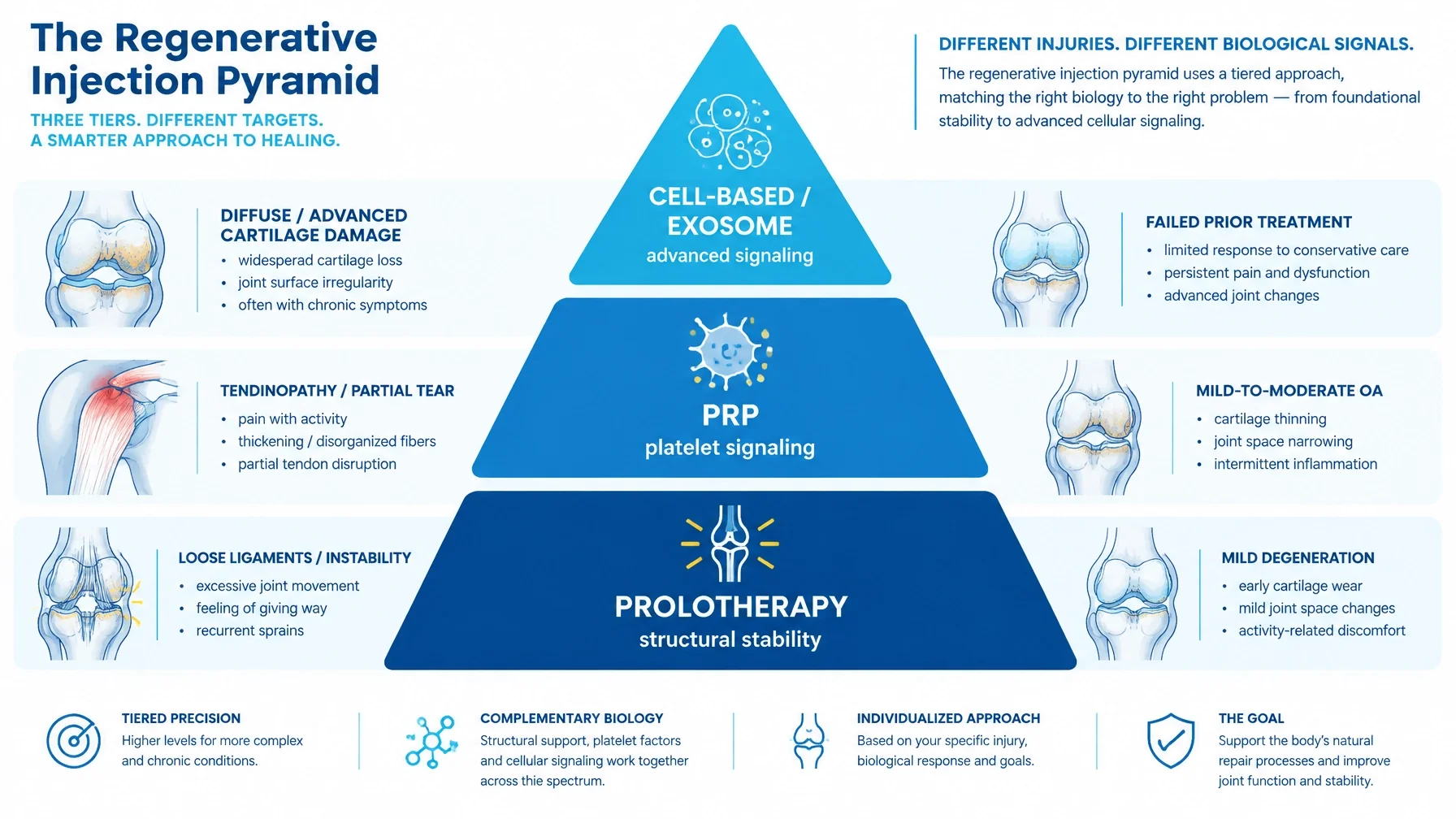 Prolotherapy vs PRP vs stem cells: the three-tier Regenerative Injection Pyramid, from structural stability to platelet signaling to cell-based options
