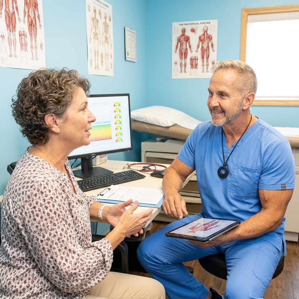 Dr. Max MacCloud reviewing results with a patient at the Age Reversal Technology Center in Sarasota