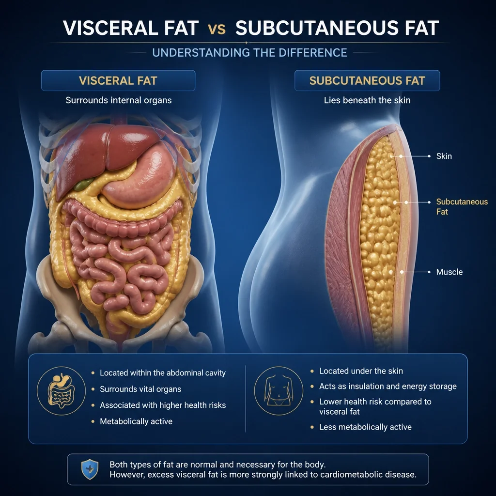 Visceral fat vs subcutaneous fat 3D visualization showing why retatrutide targets deep abdominal fat
