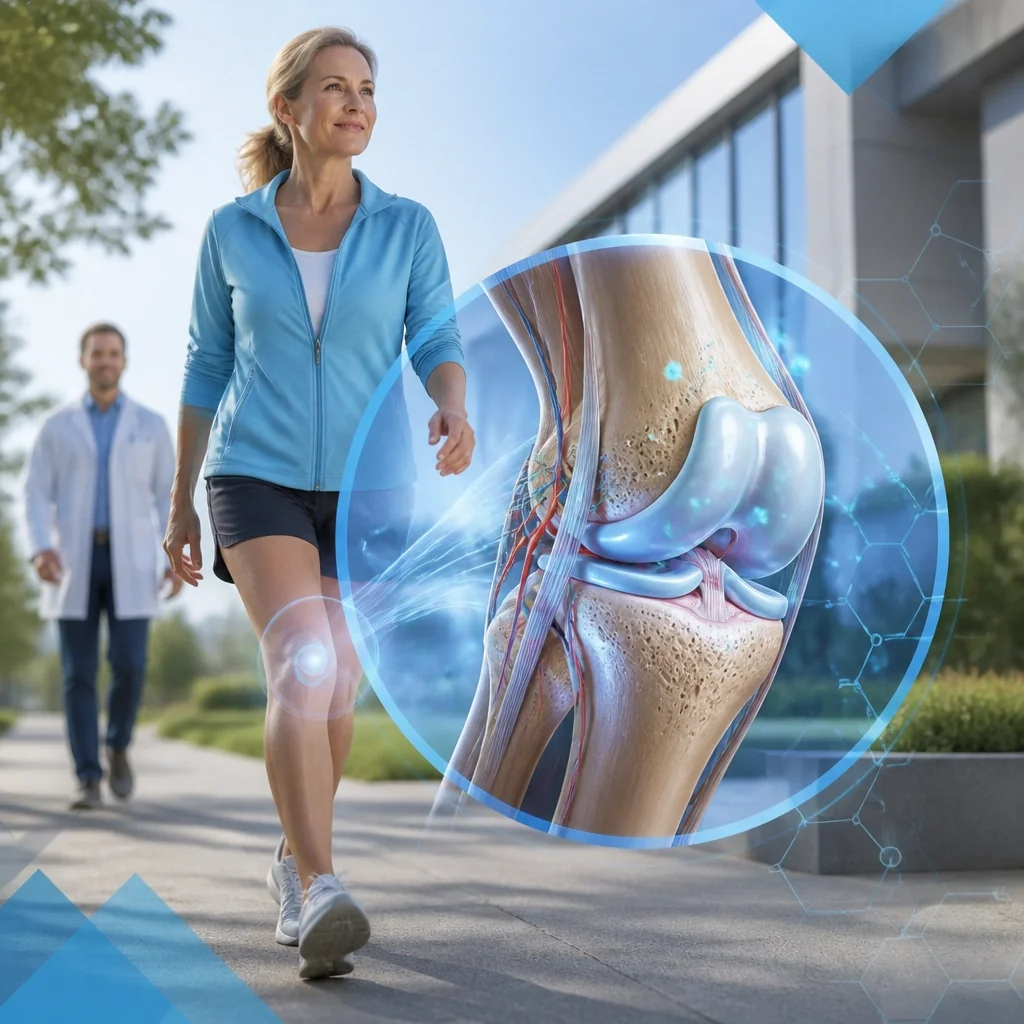 Non-surgical knee pain treatment outcome: adult patient walking confidently with a healthy knee joint visualization
