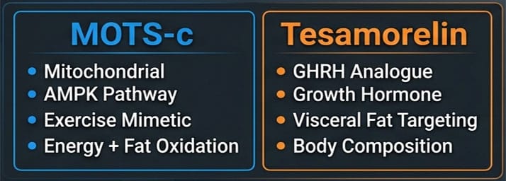MOTS-c vs Tesamorelin comparison chart — mitochondrial signaling vs hormonal fat loss