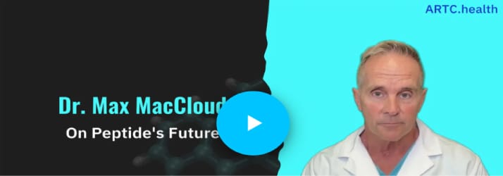 Dr. Max MacCloud in a white lab coat stands beside a teal-blue backdrop with a prominent blue play button, reflecting peptides and the future of medicine on ARTC.health.