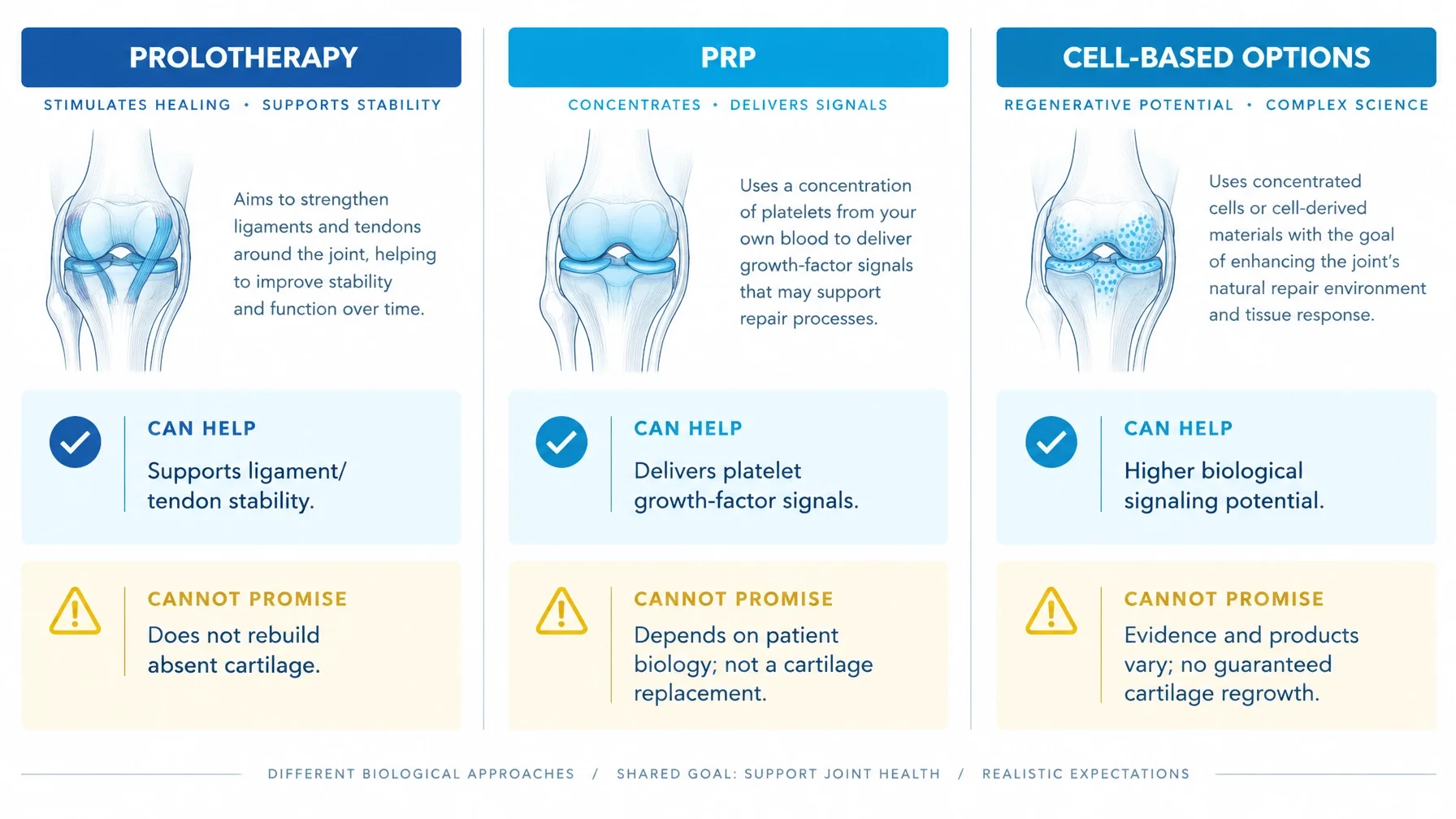 A candid comparison of what prolotherapy, PRP, and cell-based options may support, and what each cannot promise