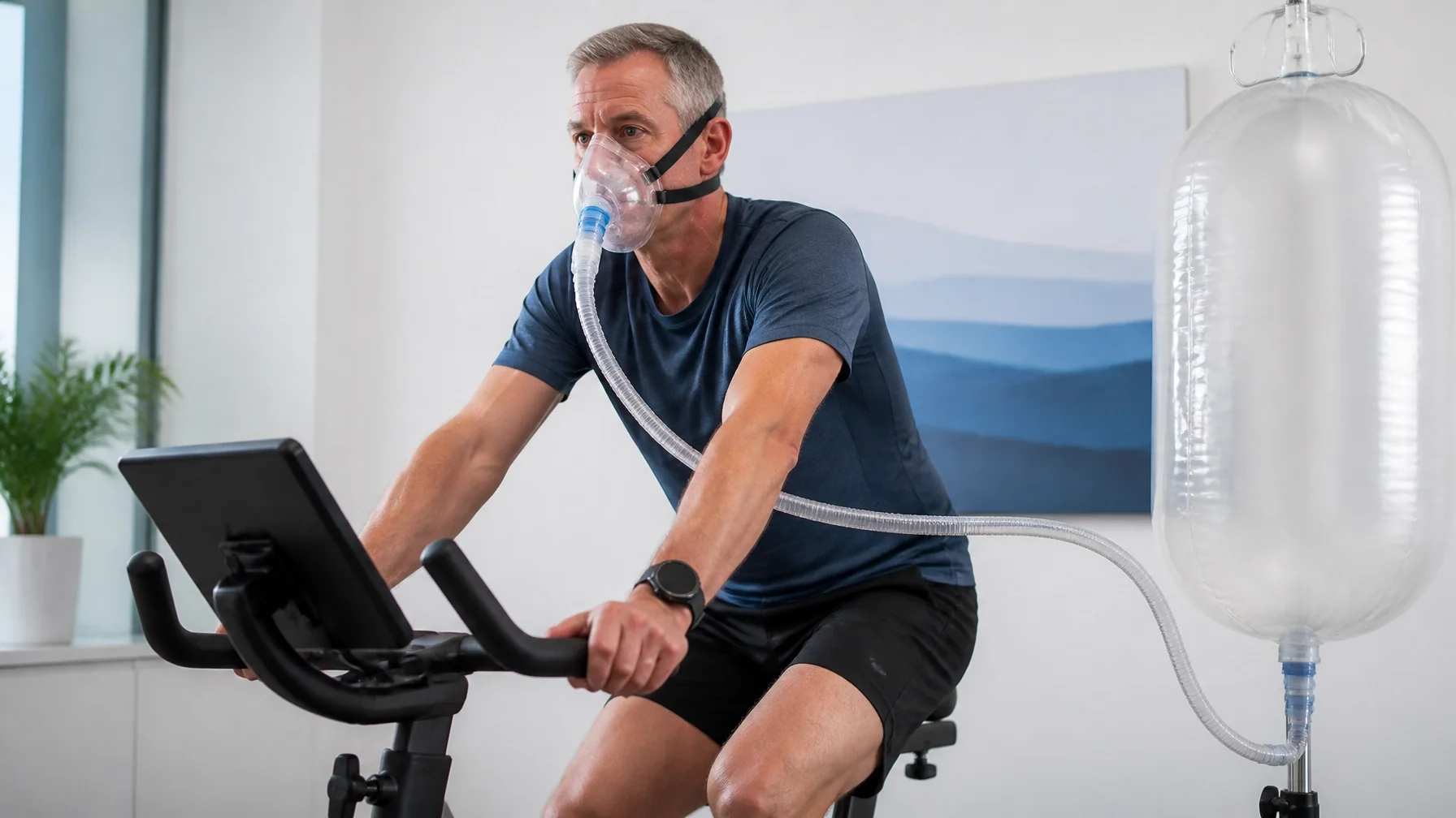 tirzepatide Sarasota patient performing EWOT on a stationary bike with oxygen mask and reservoir bag