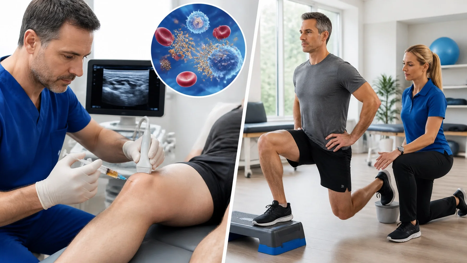 Non-surgical knee pain treatment combining clinician-guided regenerative injection with controlled lower-body movement training